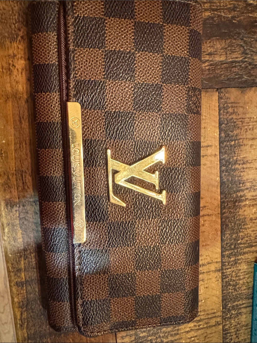 Louis Vuitton Brown Damier Canvas Wallet with Gold Hardware Accent
